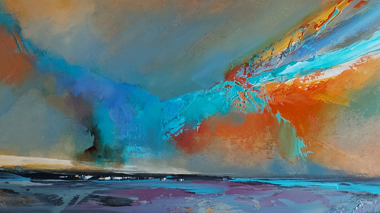 Abstract sky painting with a mix of blue, orange, and beige colors.