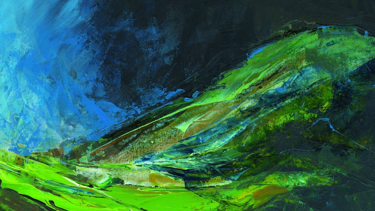 Abstract painting with green and blue hues on a dark background