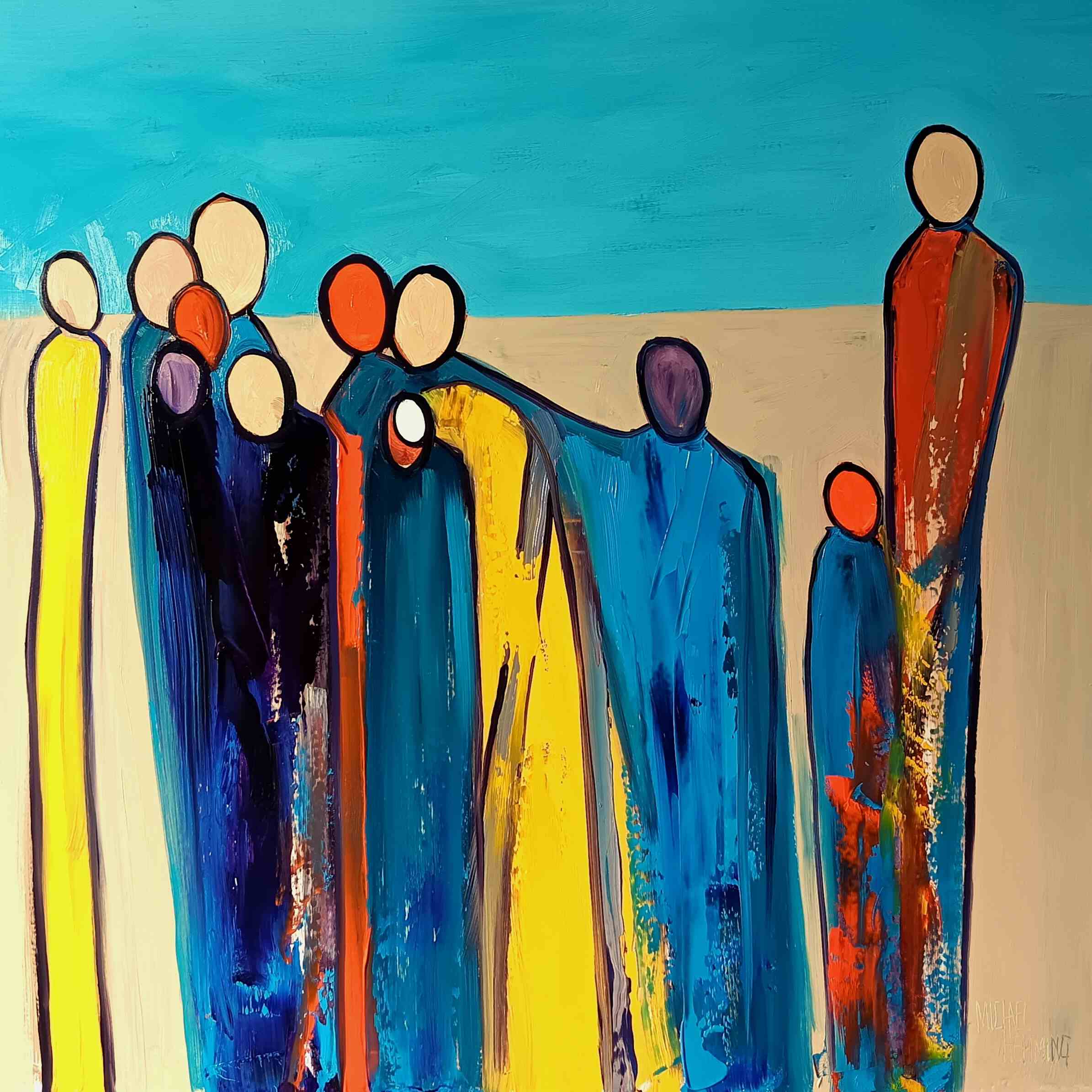 Abstract oil painting featuring multiple figures in various colours on a beach-like setting with a predominantly blue background.