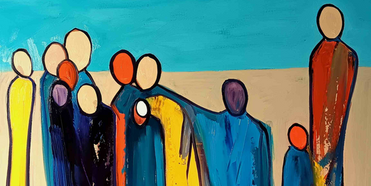 Colorful abstract painting of stylized figures against a blue and beige background