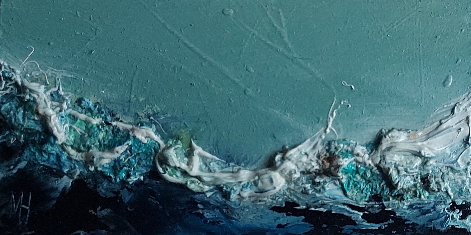 Textured oil painting surface with blue and white colors