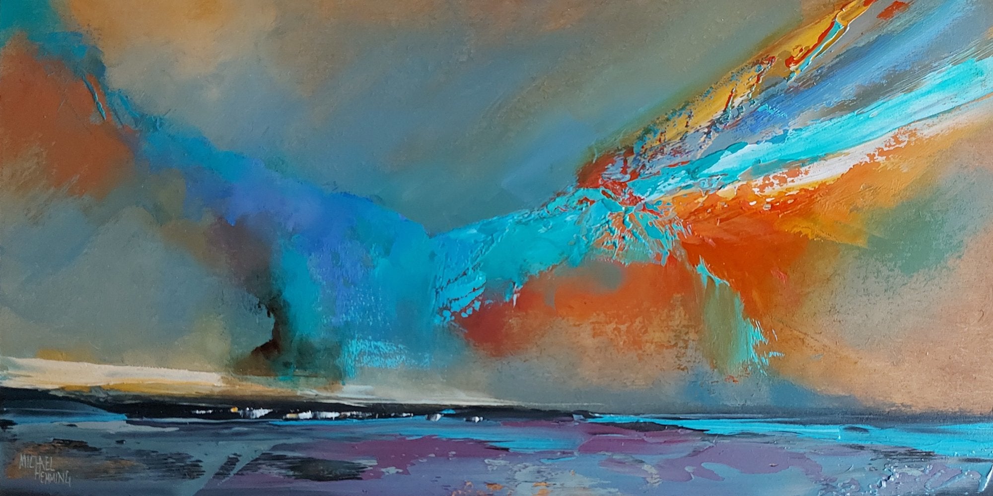 Abstract sky painting with a mix of blue, orange, and beige colors.