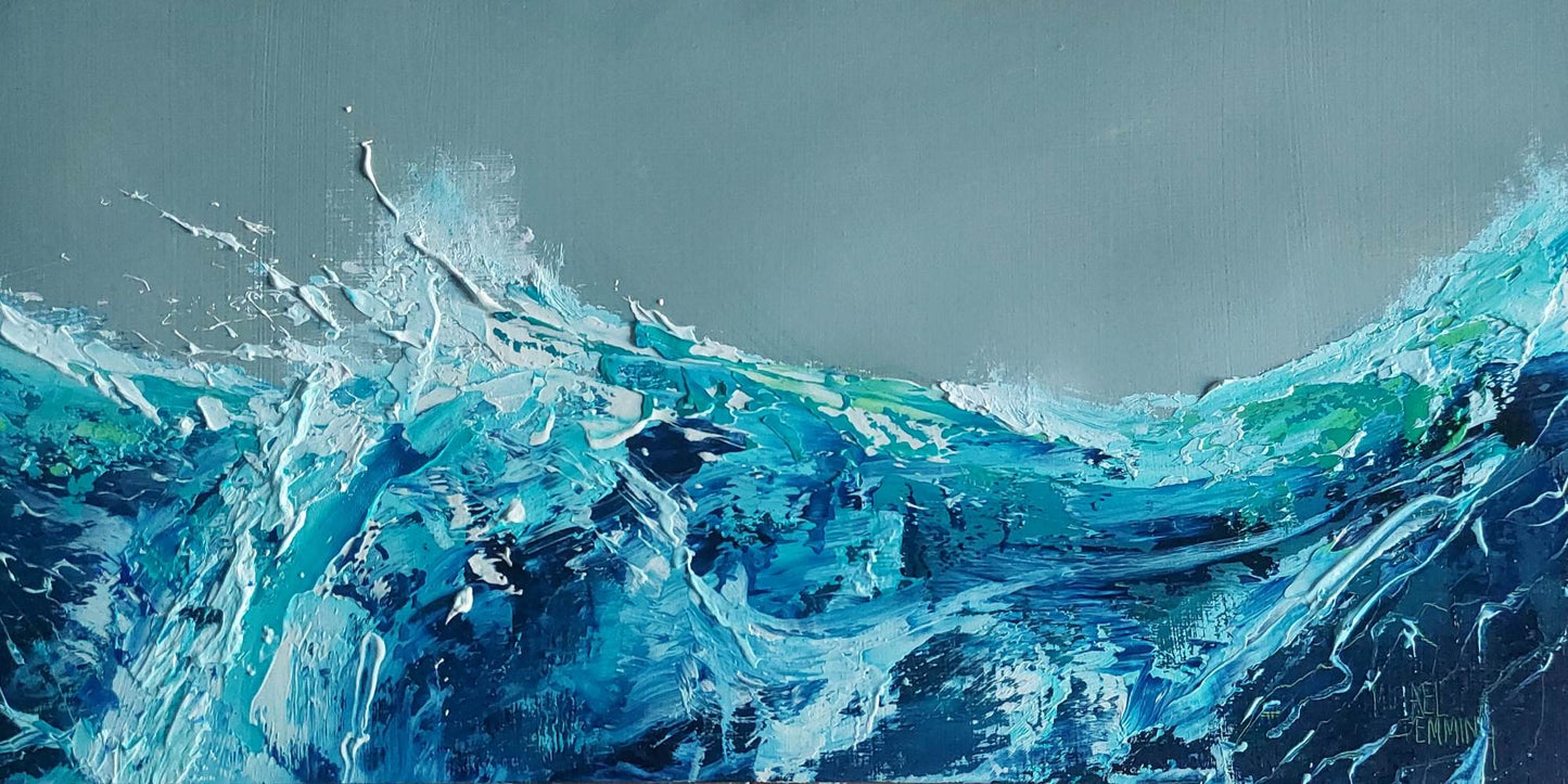 Abstract oil painting of blue and turquoise waves on a gray background