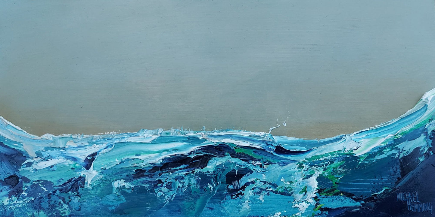 Dramatic seascape painting with low horizon and expansive sky