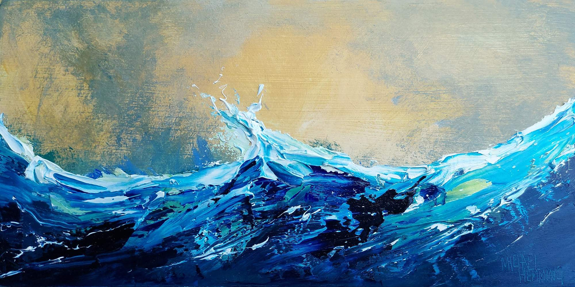 Abstract painting of a wave with blue and gold colors