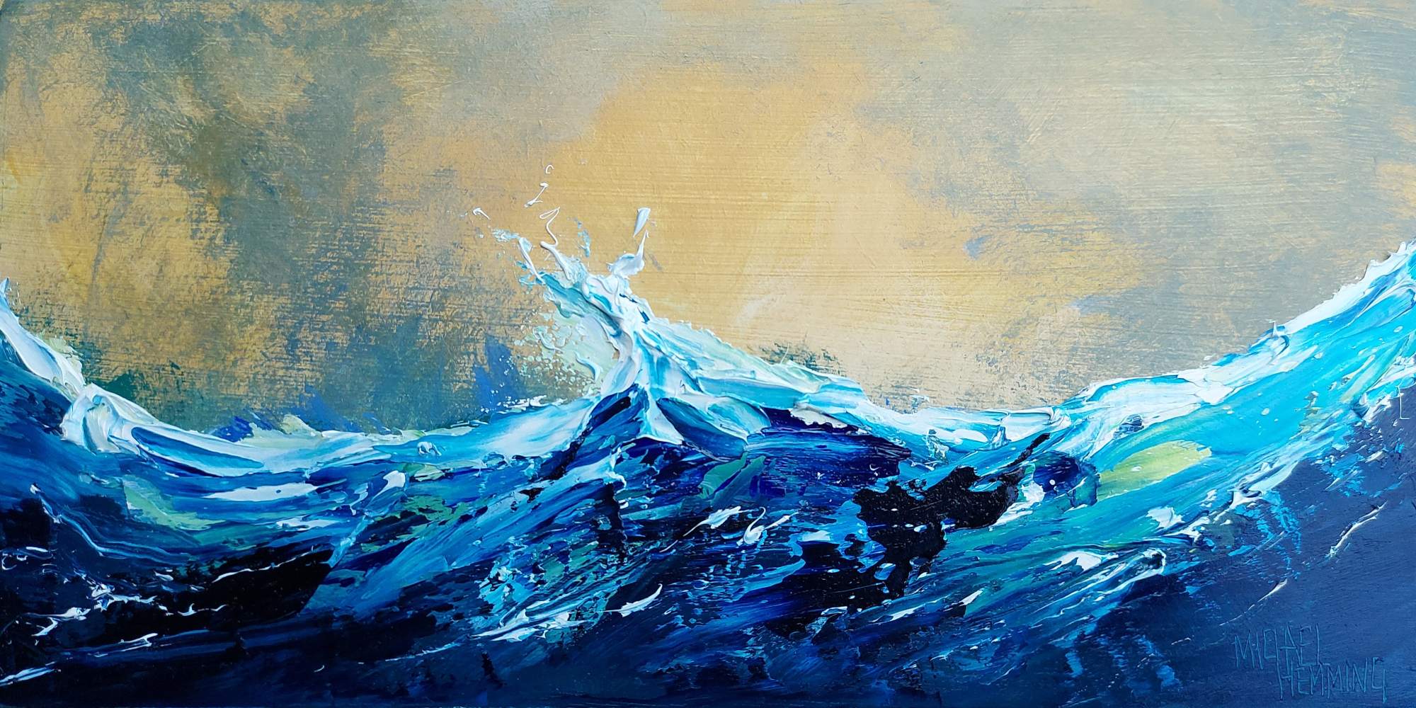 Abstract painting of a wave with blue and gold colors