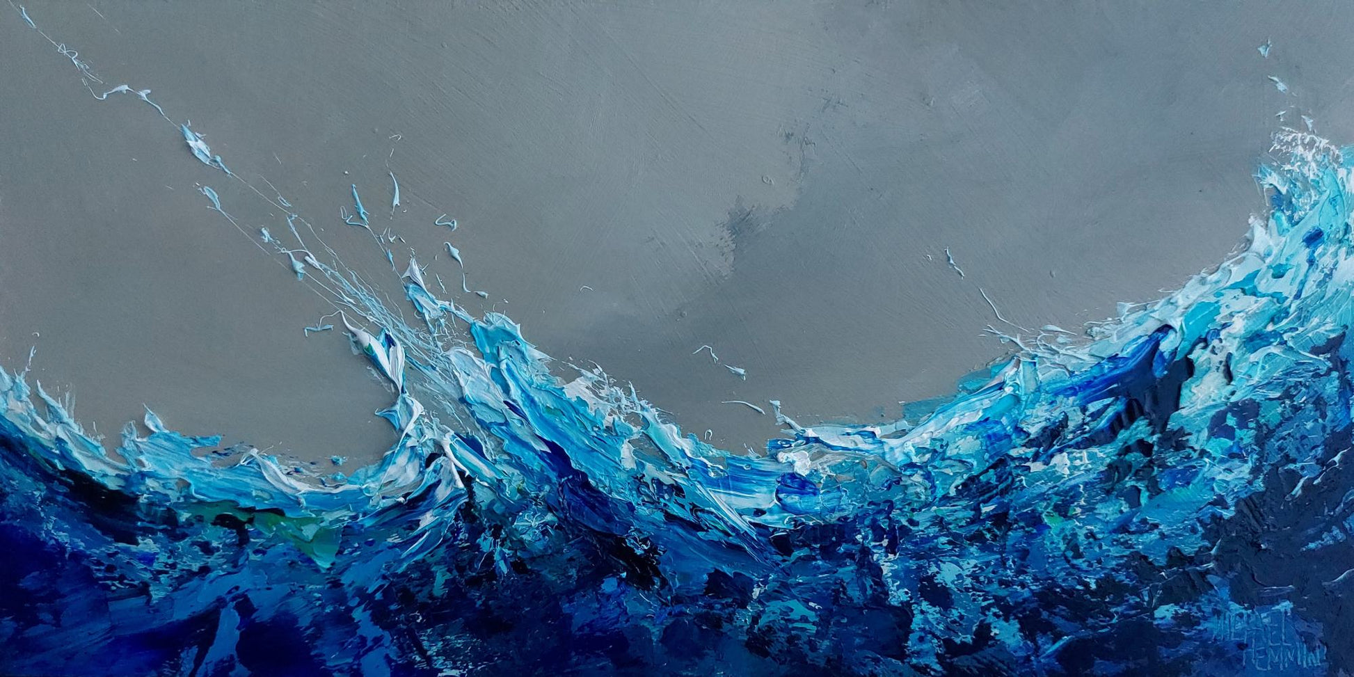 Artistic depiction of a blue wave on a grey background