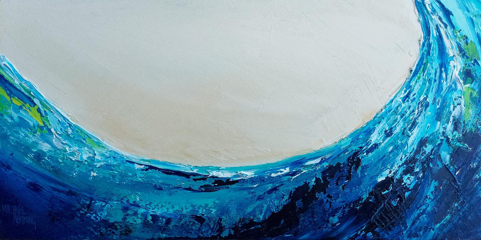 Oil painting of a wave with blue and green colors on a pale background