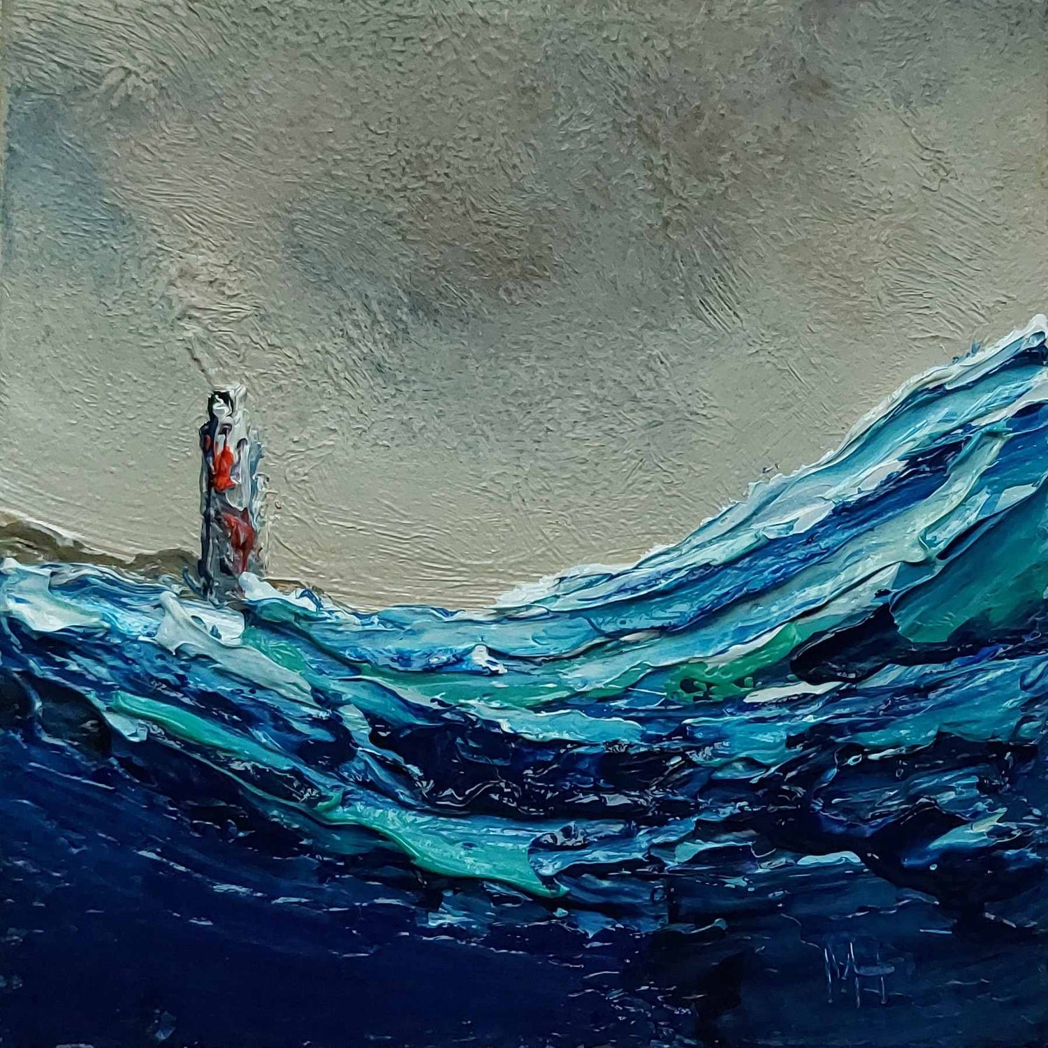 Painting of a lighthouse in the distance with waves.