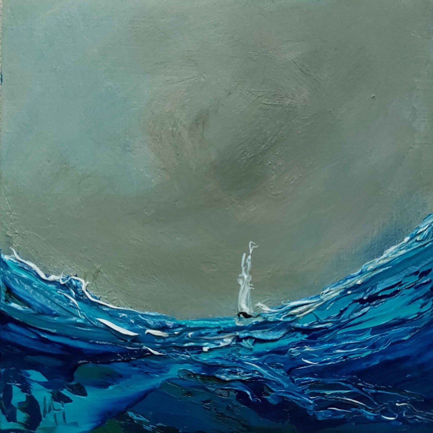 Artistic depiction of a sailing boat amidst large waves with a dark sky.