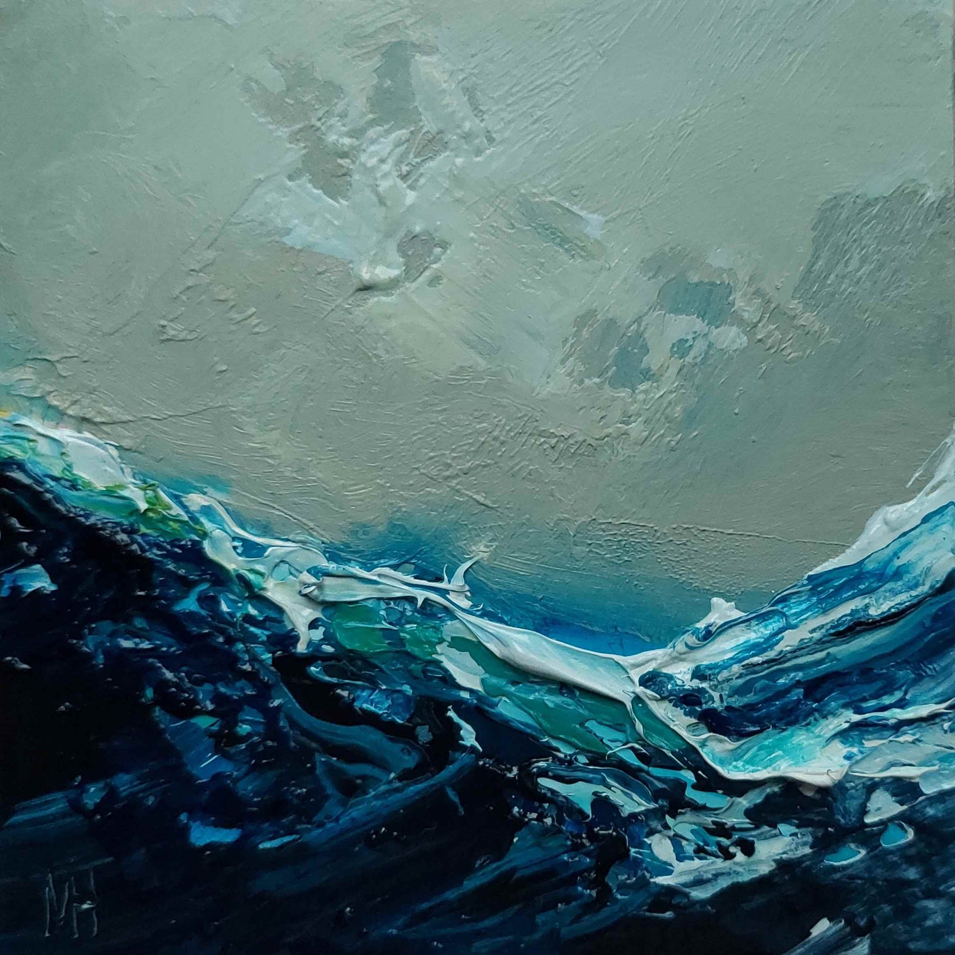 Abstract painting of a seascape with blue and grey tones