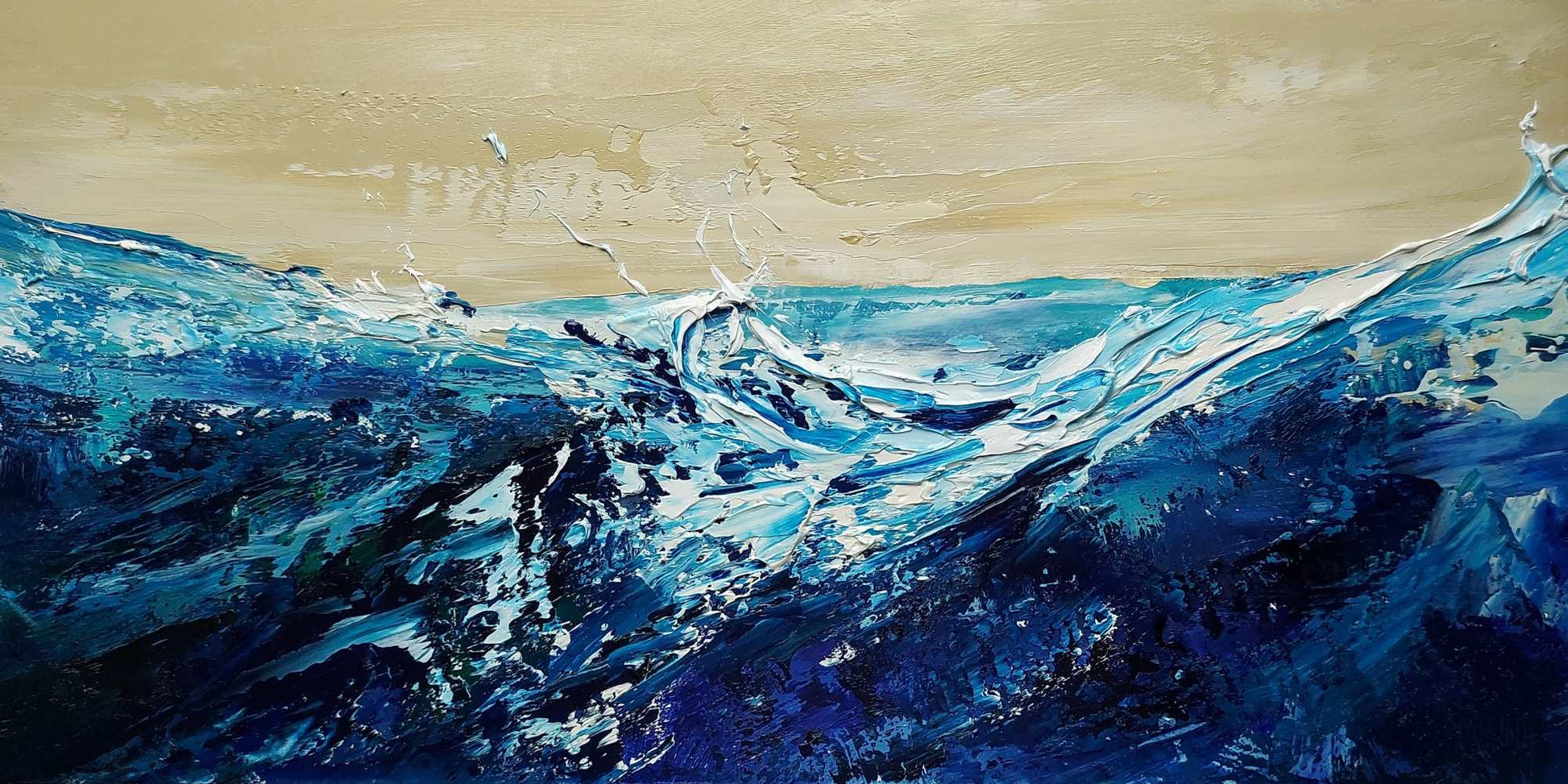 Abstract painting of a wave with blue and beige tones