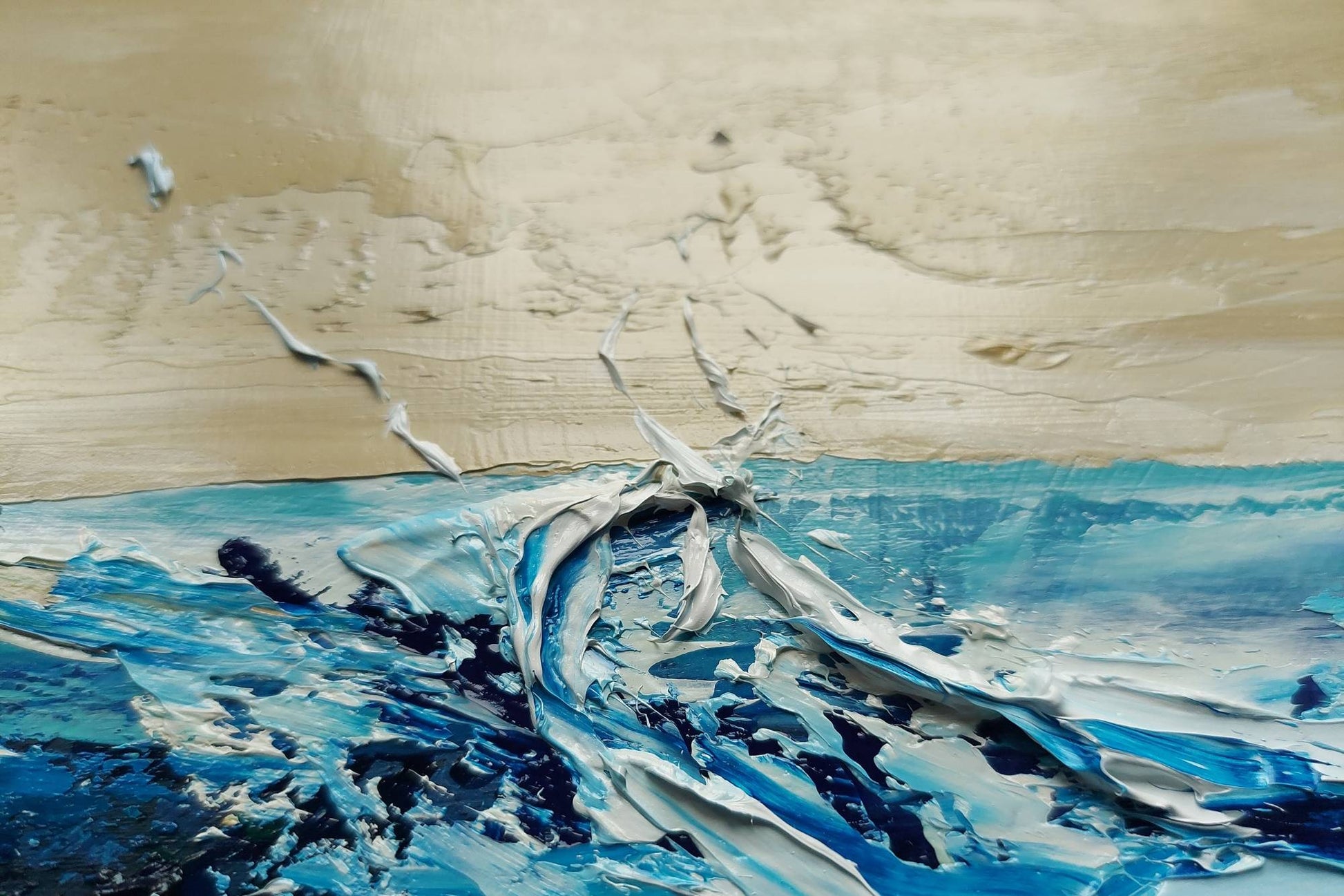 Abstract painting with textured blue and white waves