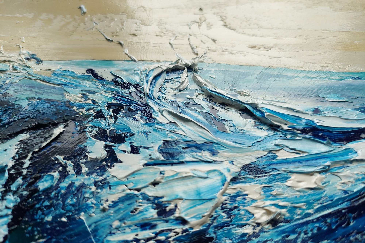 Abstract oil painting with blue and black sea