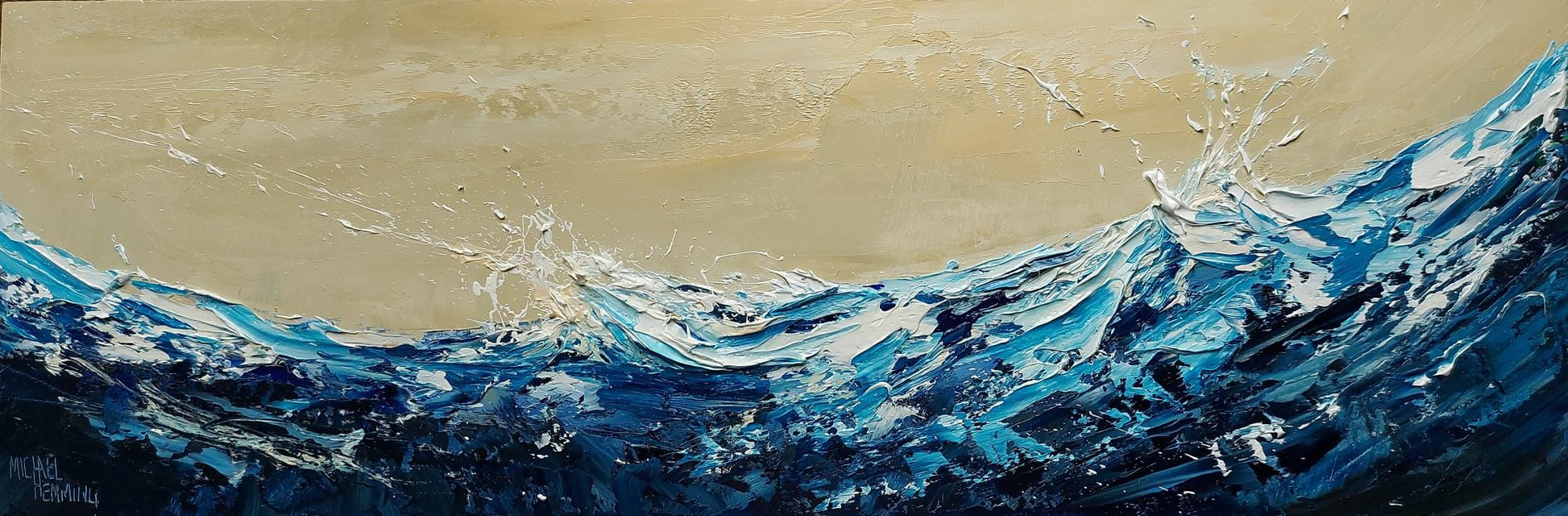 Painting of a wave crashing onto a beach with blue and white colors.