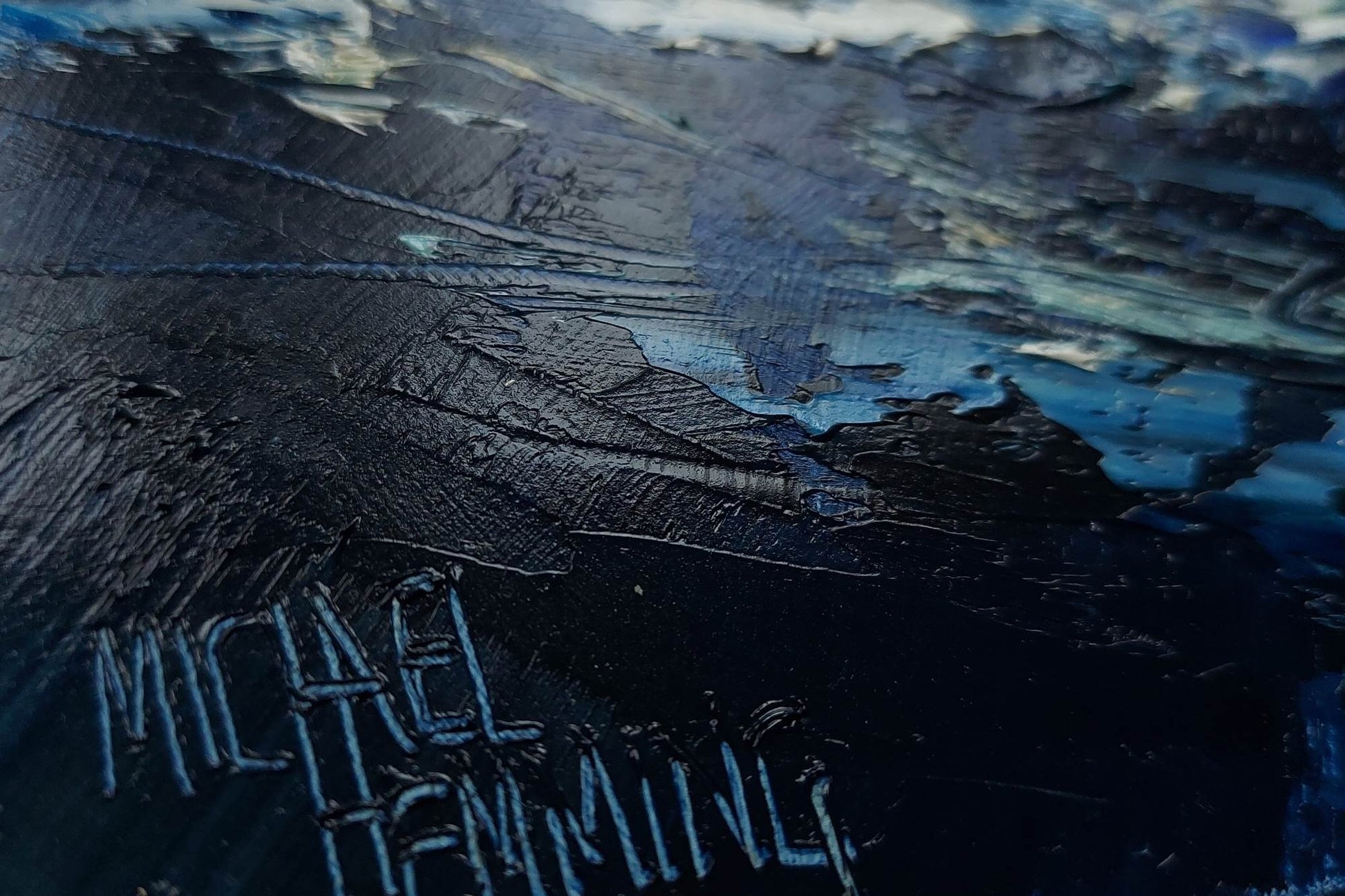Close-up of a textured oil paint surface with 'Michael Hemming' signature.