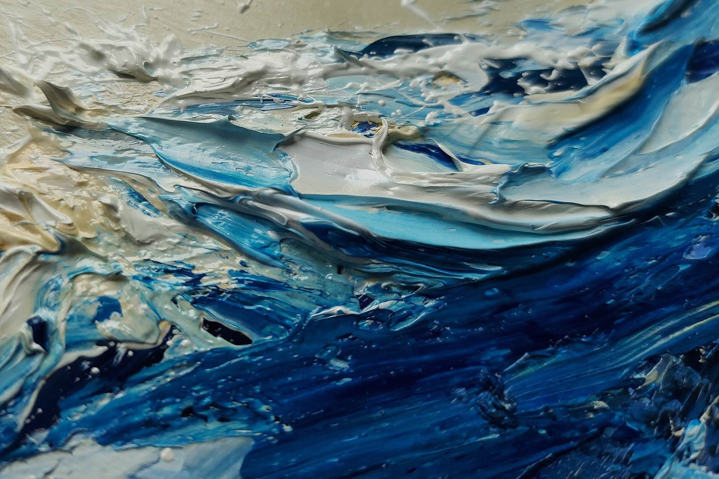 Abstract painting with blue and white brush strokes