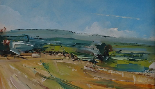 An oil painting of a ploughed field with abstracted landscape features, predominantly in shades of green, yellow, and blue, with a dramatic sky.