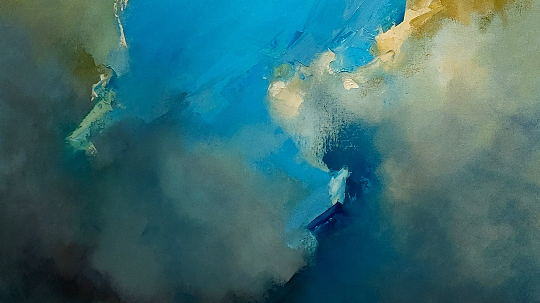 Abstract painting on an easel with a white background