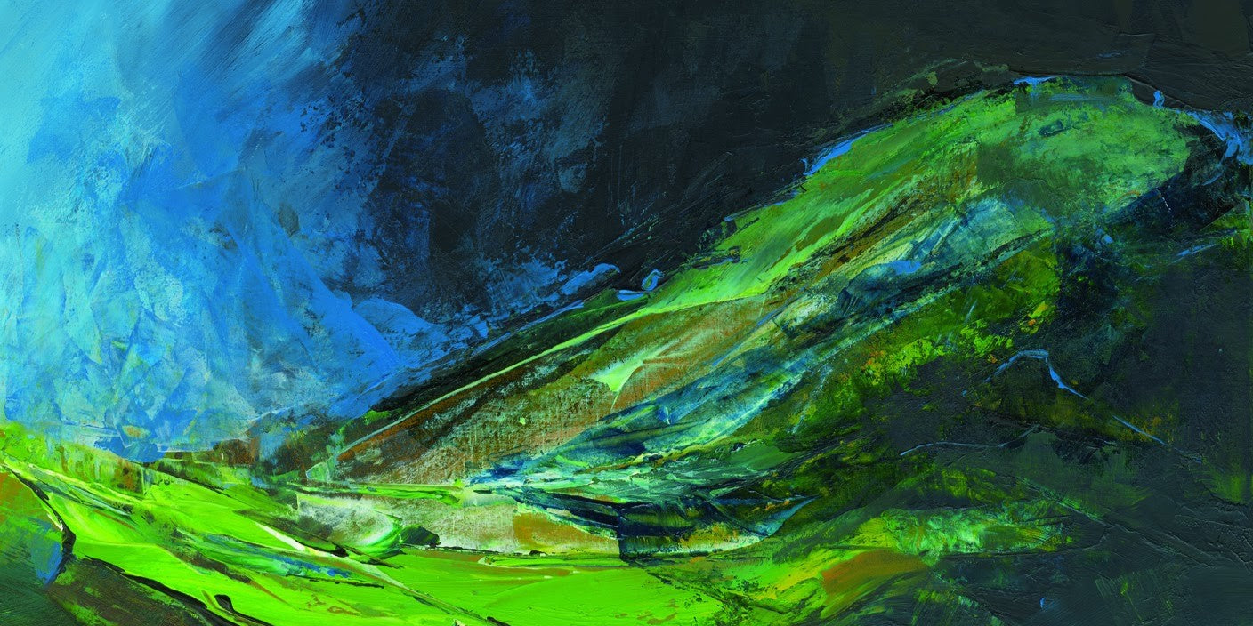 Abstract painting with green and blue hues on a dark background